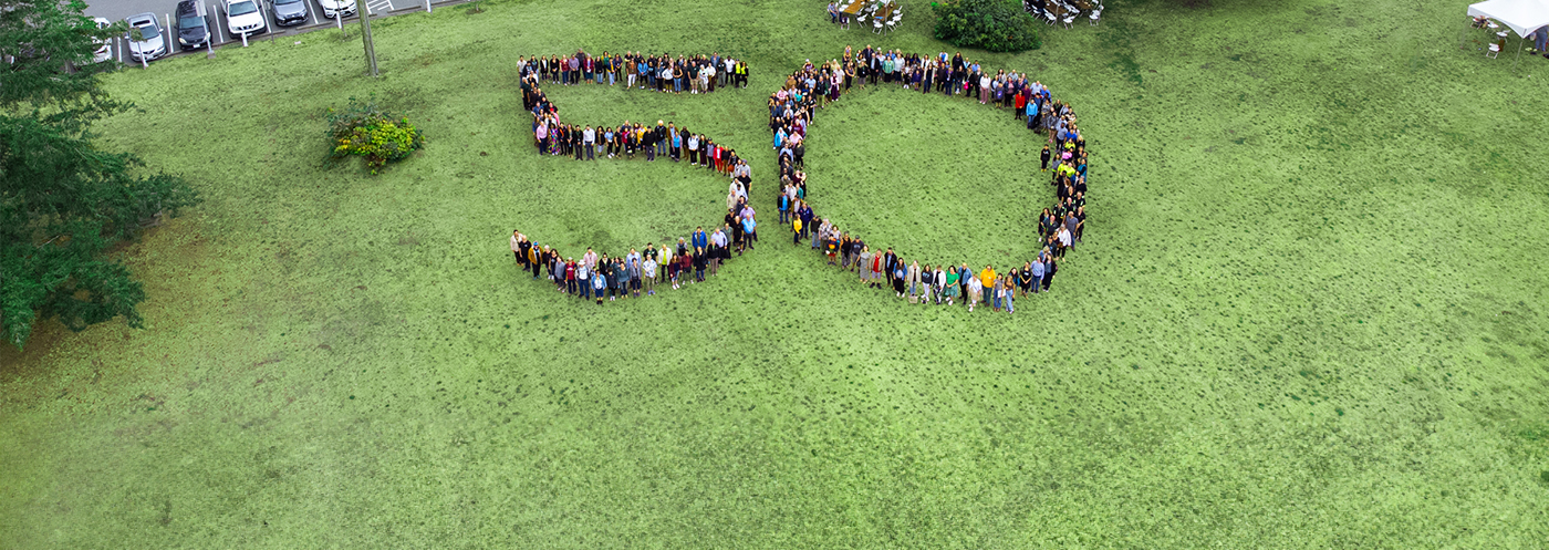 Aerial view of a group of people standing in formation to form the number "50" on a grassy field.