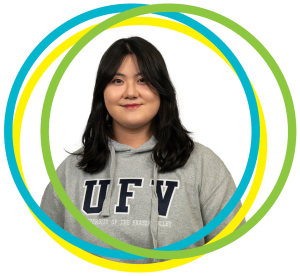 Person in a grey UFV hoodie, smiling with circular graphics around them.