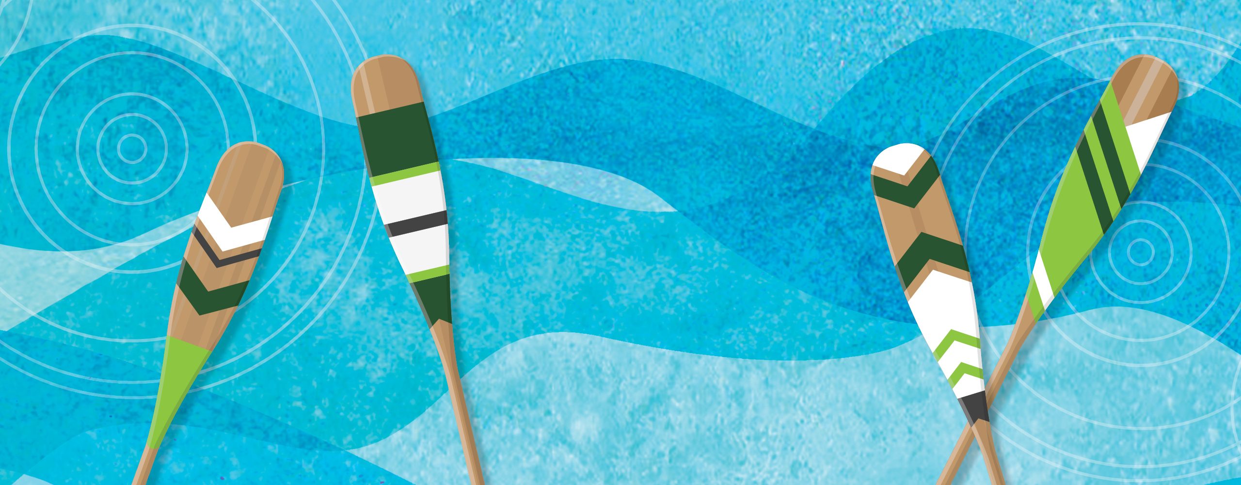 Four illustrated canoe paddles with green and white patterns float diagonally across a textured blue water background with gentle wave shapes and circular ripple designs.