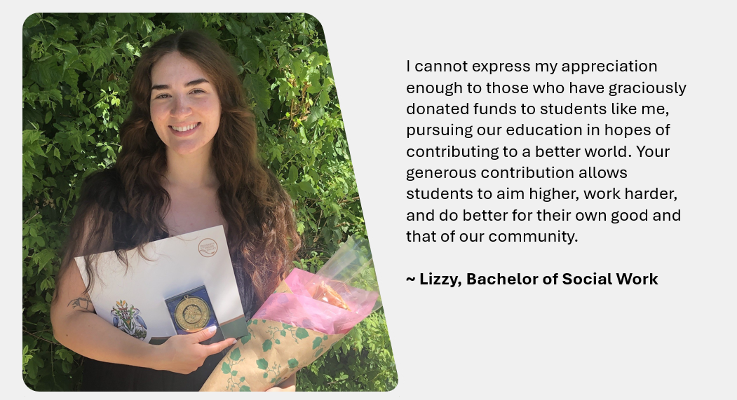 A smiling UFV graduate stands outdoors in front of lush greenery, holding a UFV diploma folder and medal along with a bouquet of flowers wrapped in pink and brown paper.
